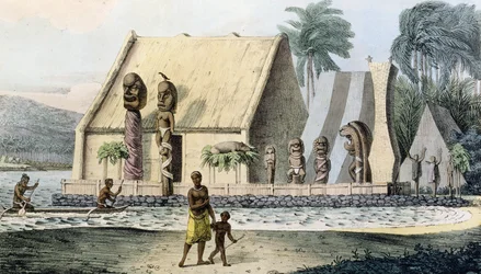 1822年に出版されたジャンピエールノルブリン（1745-1830）によって彫刻された「航海のピトレスクオートゥールデュモンド」からのティリテア湾の王の寺院